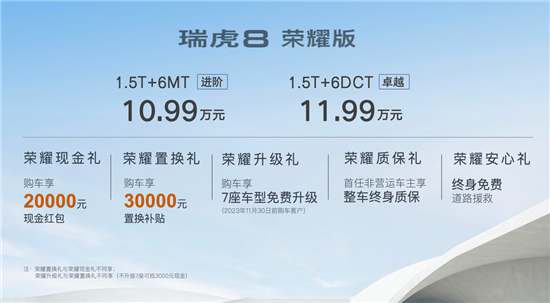 奇瑞瑞虎8荣耀版上市 售10.99-11.99万元